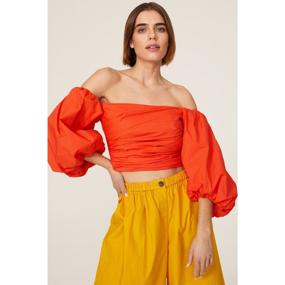 Tanya Taylor Alondra Orange Off Shoulder Puff Sleeve Crop Top Size 8 - Picture 3 of 13